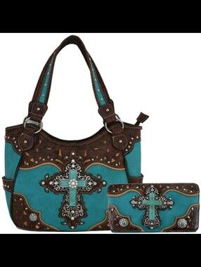 Turquoise Cross Embellished Tote and Wallet Set
